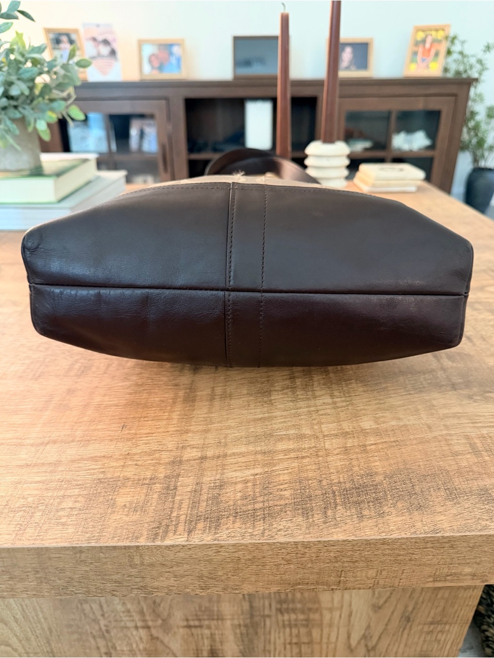 Y2K Aesthetic Coach Beige Signature Sateen Shoulder Bag with Brown Leather Trim - Picture 5 of 14